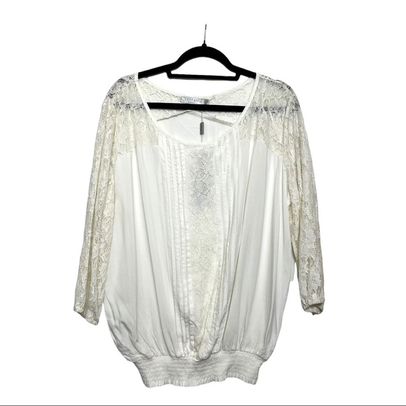 Solitaire Tops - NWT Solitaire White Sheer Lace Tunic Bohemian Blouse with Stretch Waistband